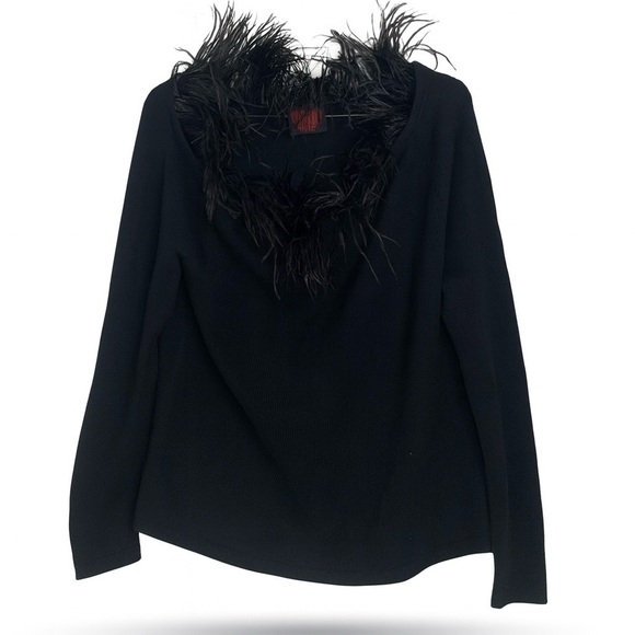 Happy Sheep NWOT Black 100% Cashmere Feather Neckline Off/On Shoulder Sweater M